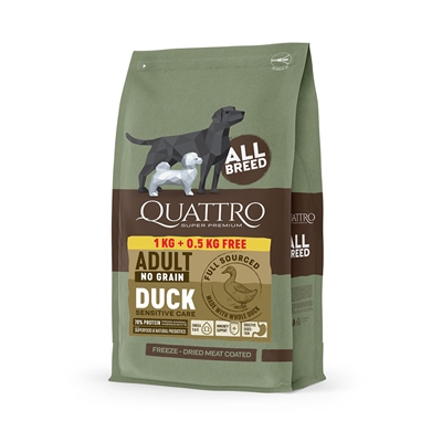 Quattro Super Premium Hundefoder All breed Duck 1 kg + ½ kg INTRORABAT